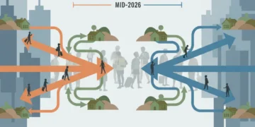Urban Exodus or Return: US Population Shifts by Mid-2026 - An In-Depth Analysis Infographic showing US population shifts with arrows indicating movement between urban, suburban, and rural areas, focusing on trends up to mid-2026.