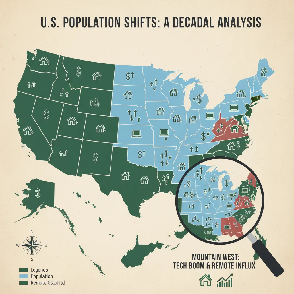 Map of the United States showing regional population changes and influencing factors like economics, housing, and remote work.