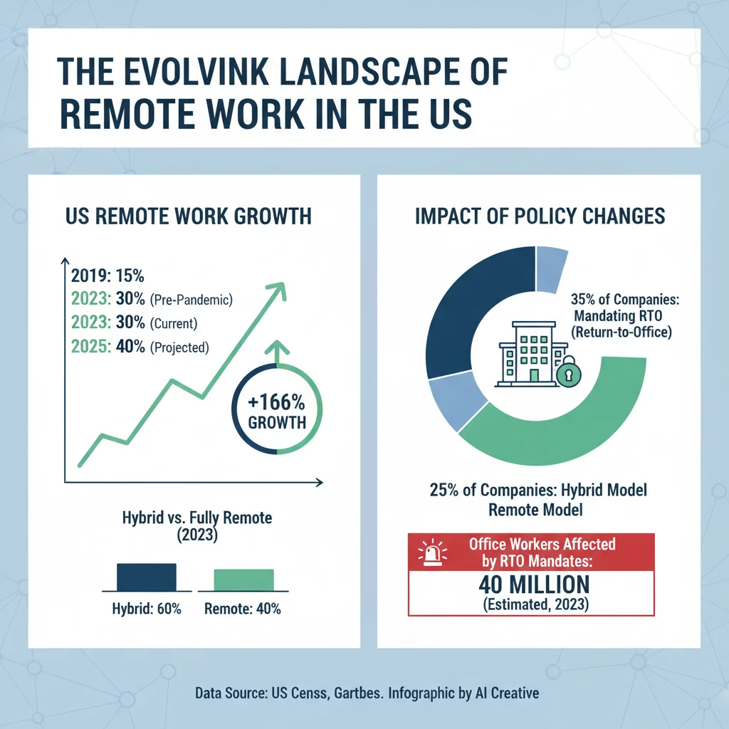 Infographic on US remote work statistics and policy impact.