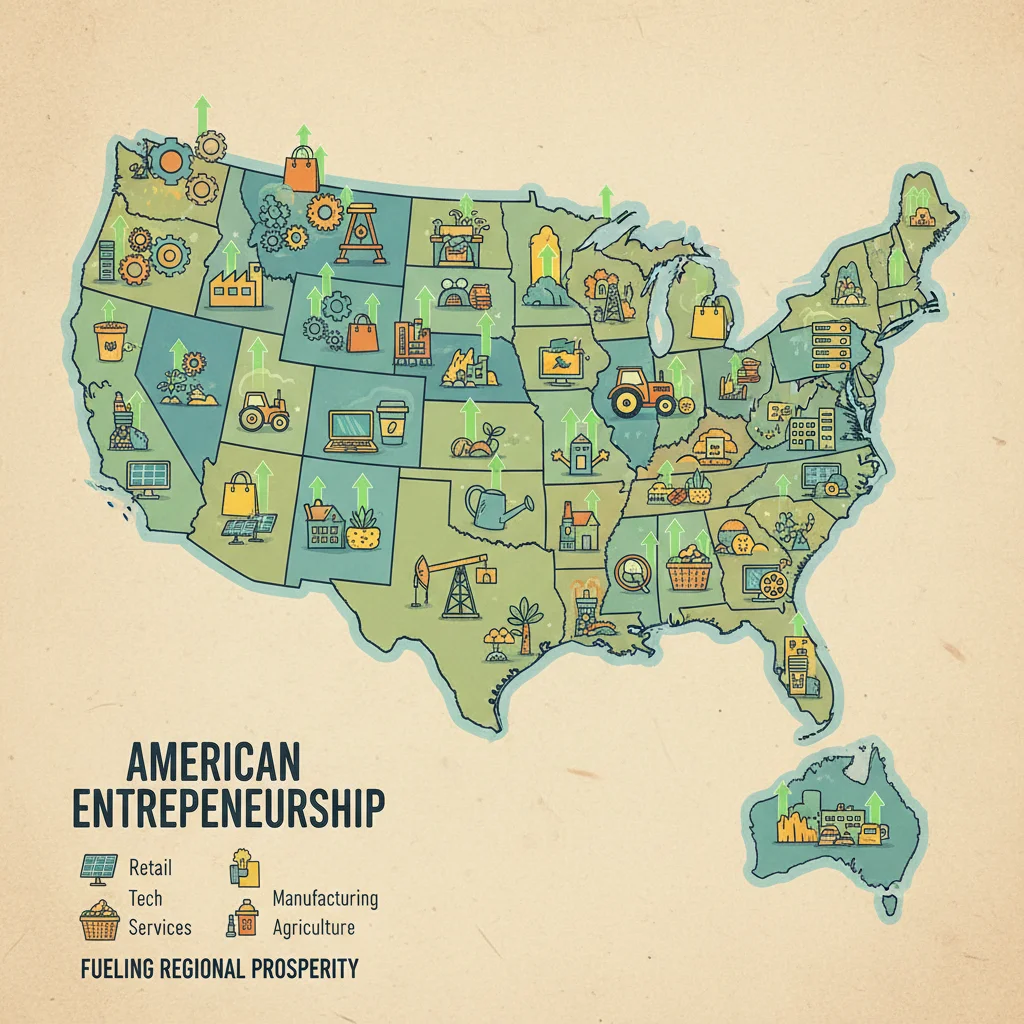 Map of US with growth icons for diverse small business sectors, showing widespread economic activity.