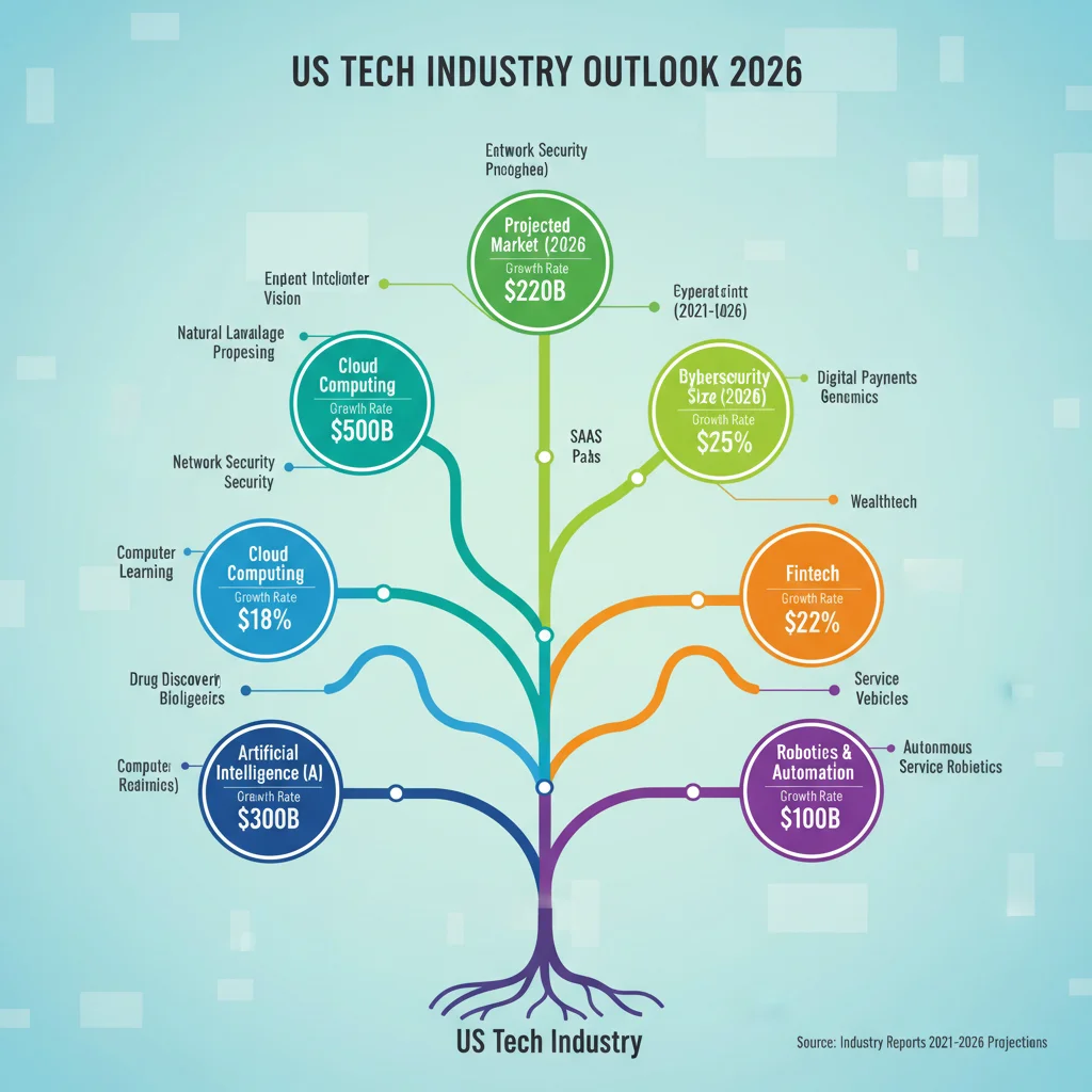 Infographic detailing sub-sector growth within the US tech industry by 2026, highlighting AI and cloud computing.