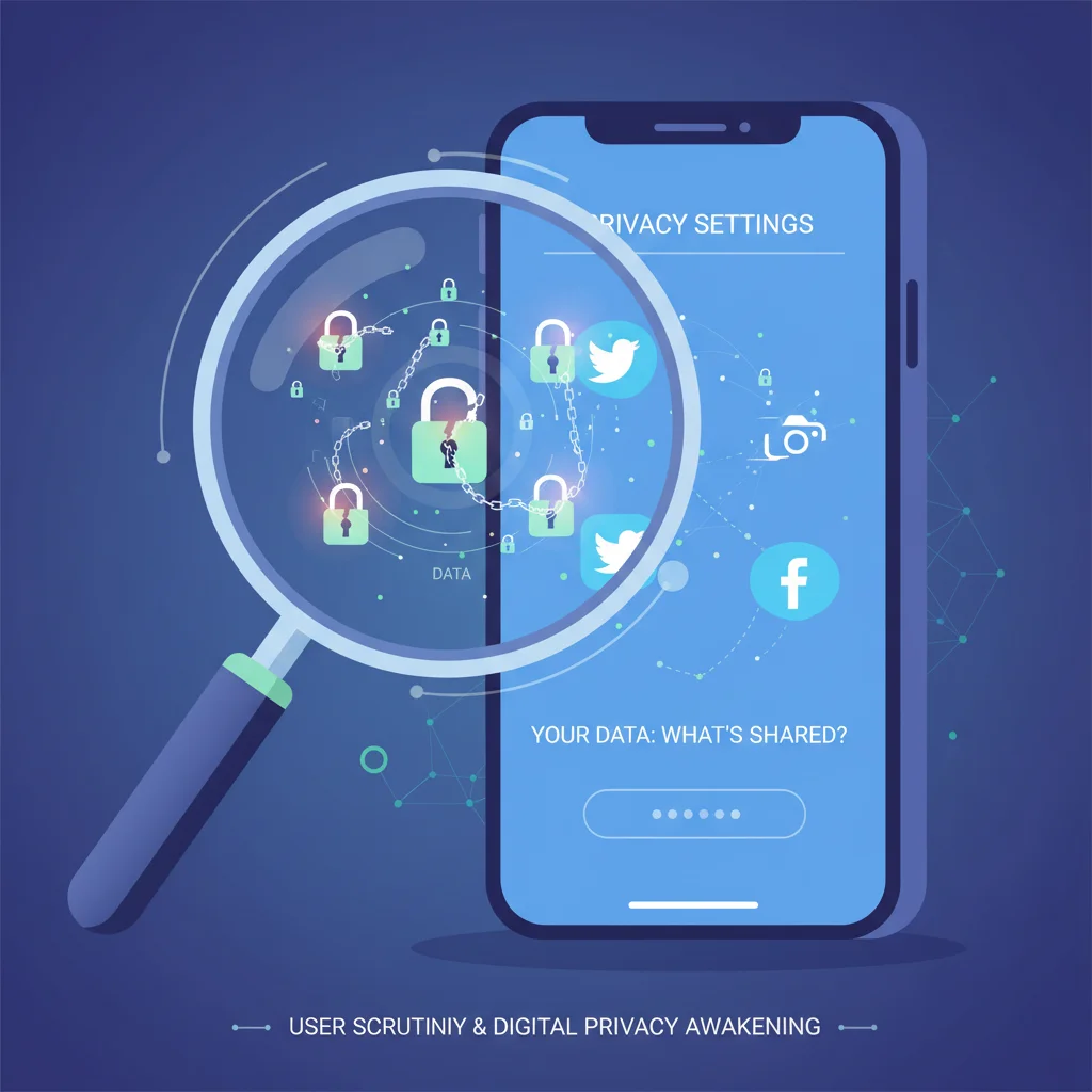 User scrutinizing privacy settings on a smartphone, data security awareness