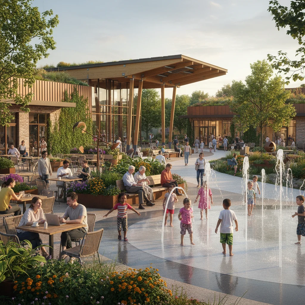 Vibrant community hub with diverse age groups enjoying public space.