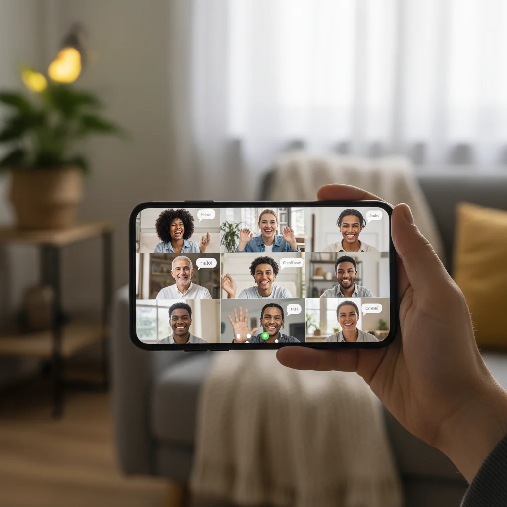 Virtual community meeting on a smartphone, showing diverse participants in a video call.