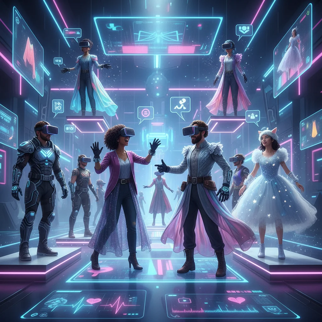People trying on virtual outfits in VR, avatar customization, social digital fashion