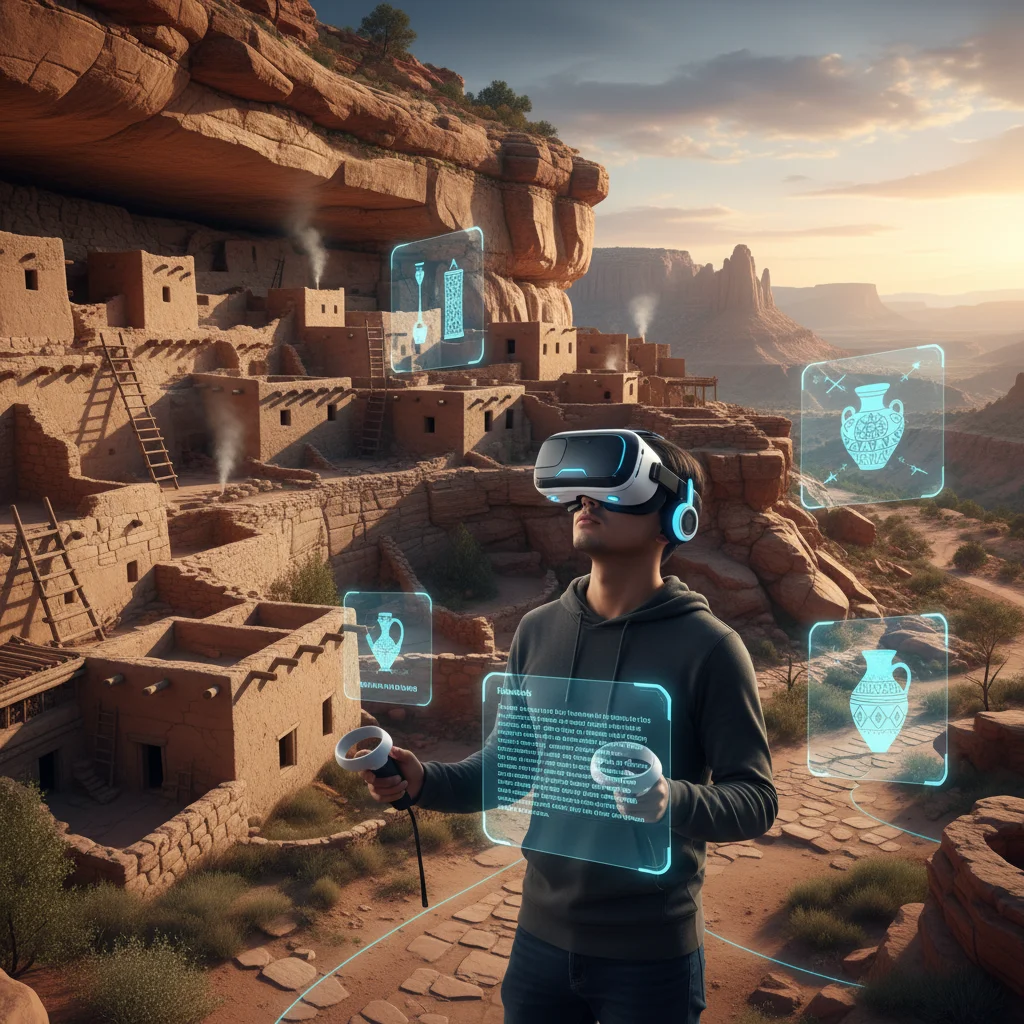 Individual experiencing virtual reality cultural heritage site