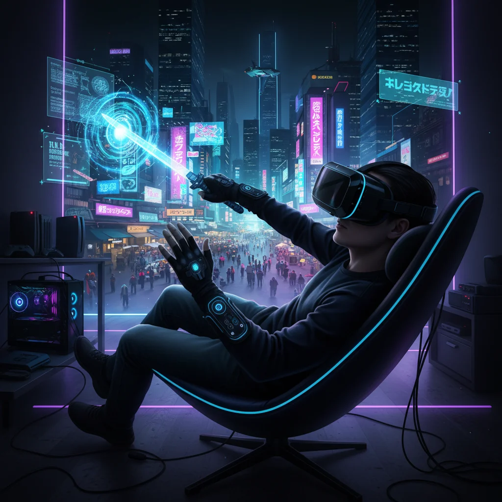Person immersed in virtual reality gaming experience with modern VR headset