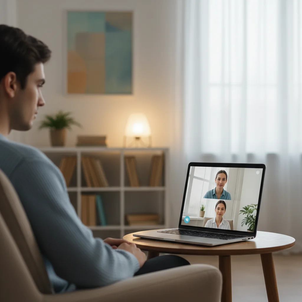 Employee engaging in a virtual therapy session on a laptop from a home office.