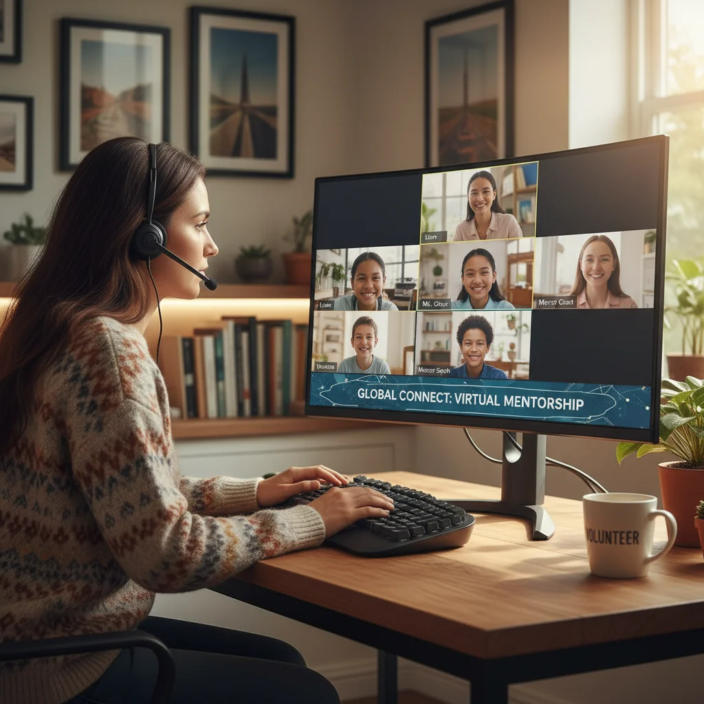 Individual participating in virtual volunteering from their home office, demonstrating remote engagement.