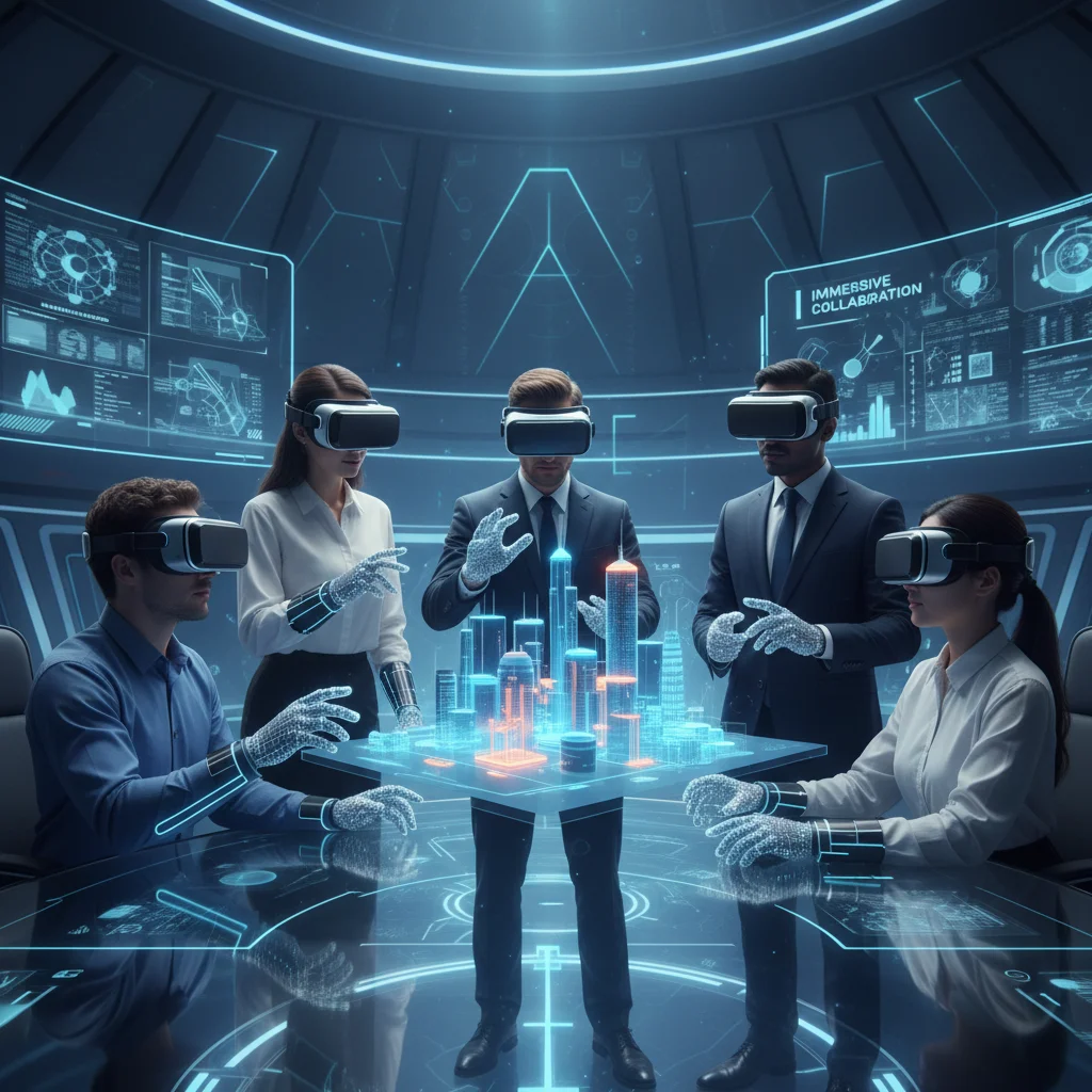 Professionals collaborating in a virtual reality meeting room with VR headsets