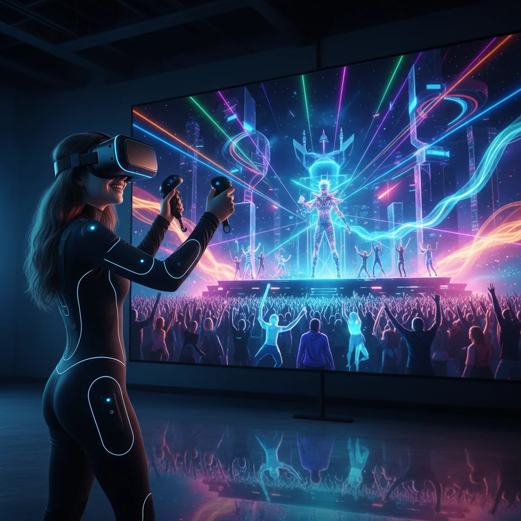 Person in VR headset at immersive virtual concert