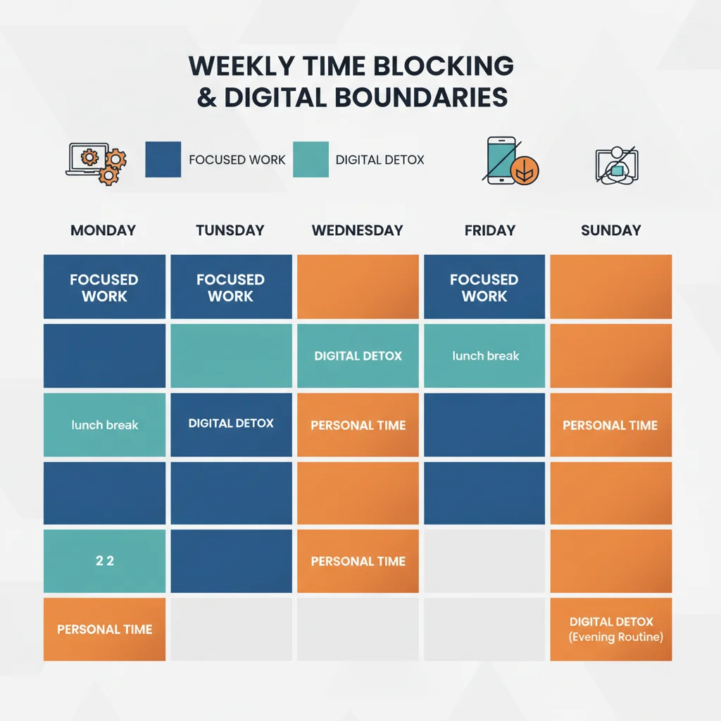 Infographic of a weekly calendar with color-coded time blocks for digital boundaries.