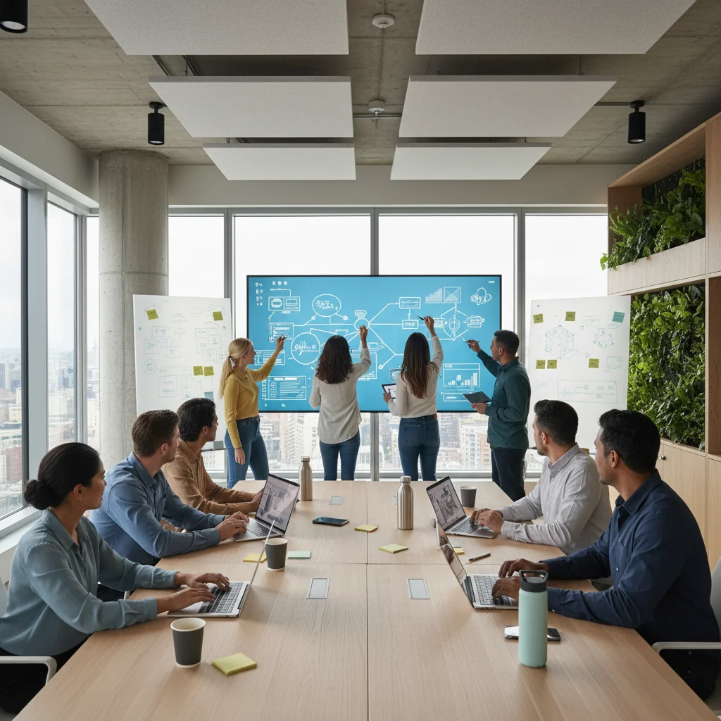 Team collaborating efficiently with digital tools in a modern office environment