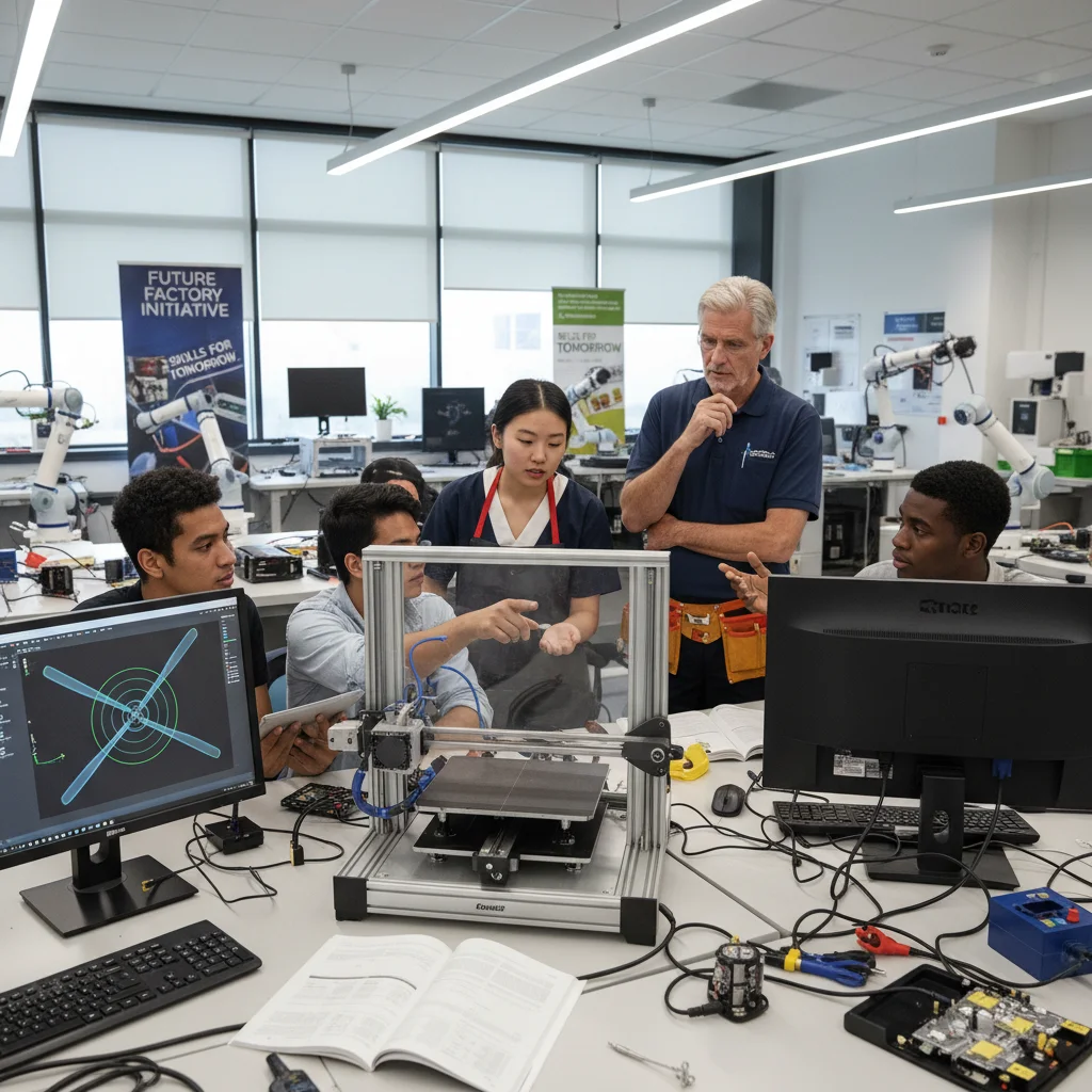 Students and technicians learning advanced manufacturing skills in a vocational training center.