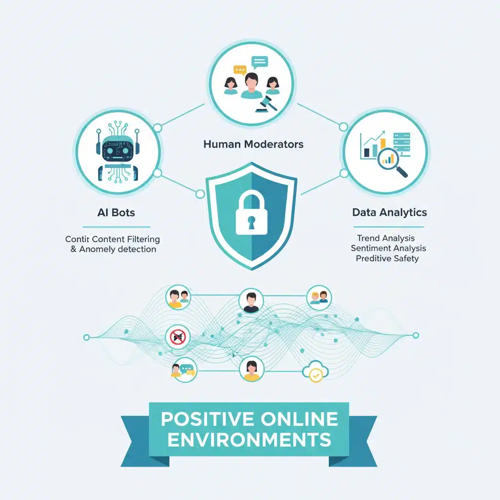 Infographic on AI-powered community moderation and safety tools, illustrating a secure and positive online environment.