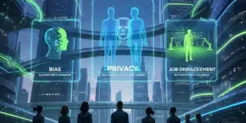 Futuristic cityscape with holographic AI ethics dilemmas, diverse people contemplating