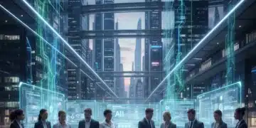 Futuristic cityscape with diverse professionals and AI interfaces, symbolizing AI's impact on the workforce.