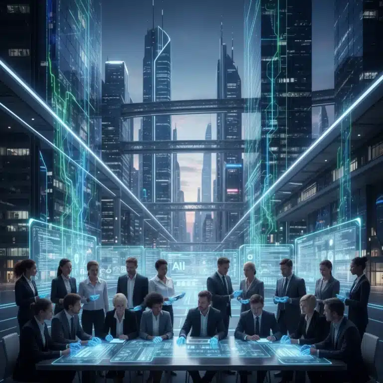 Futuristic cityscape with diverse professionals and AI interfaces, symbolizing AI's impact on the workforce.