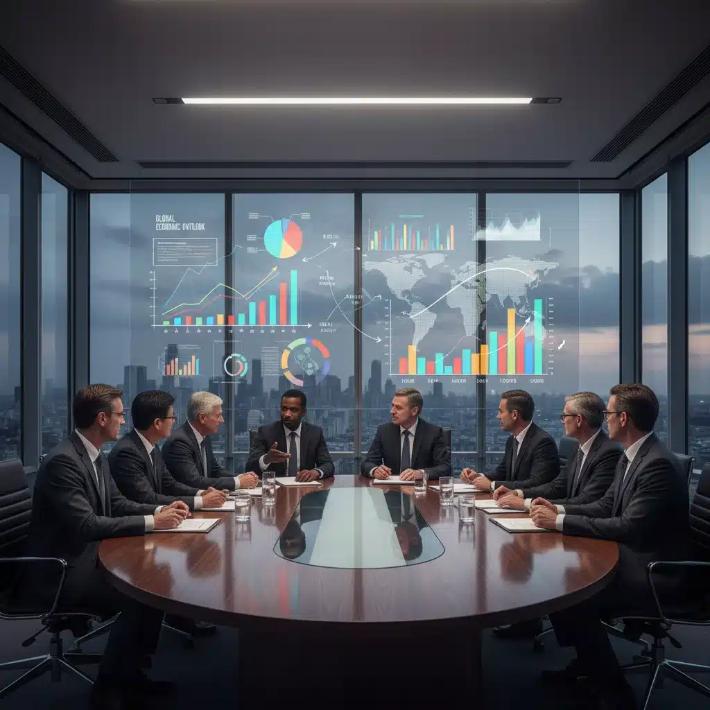 Business executives discussing investment strategies amidst economic projections