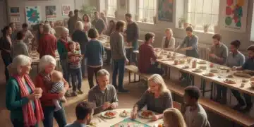 Diverse community members engaging in social activities at a vibrant community center, fostering connection.