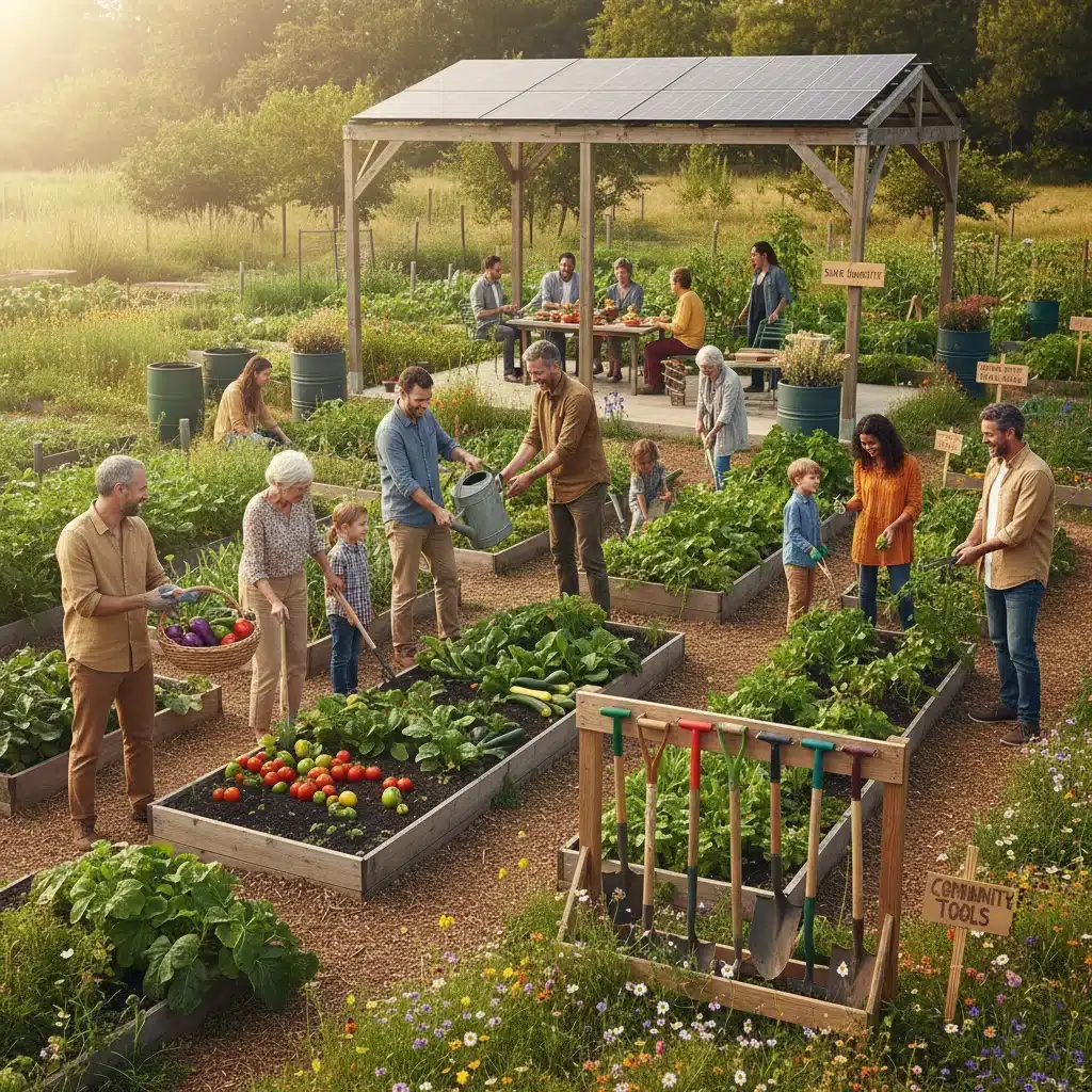 Community members engaging in resource sharing and collaborative consumption in a garden.