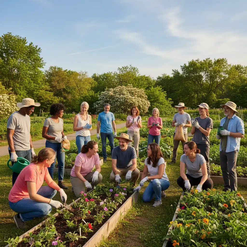 Adults participating in a community garden project, fostering social bonds through shared activity.