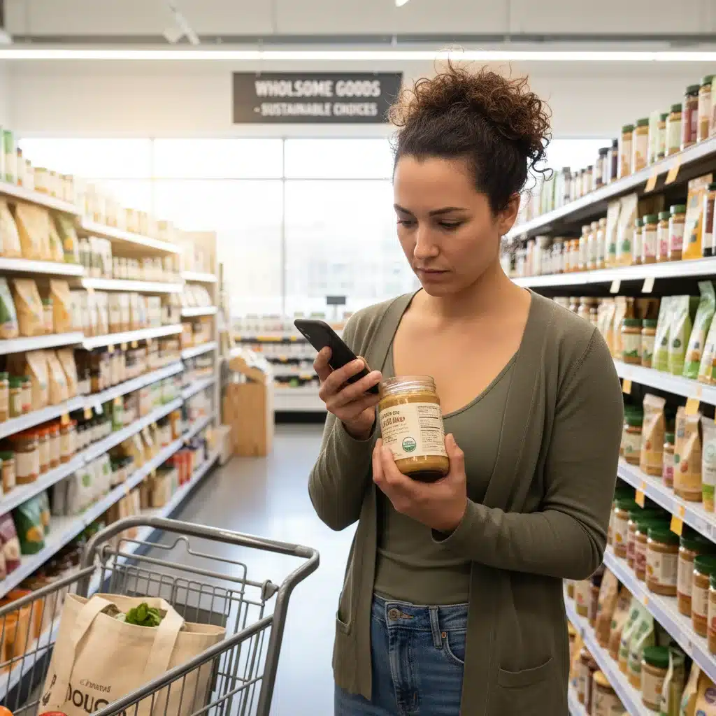 Consumer meticulously checking product labels for ethical and sustainable information.