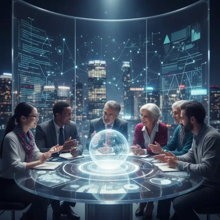 Diverse group discussing constructively in a digital forum, symbolizing unity.