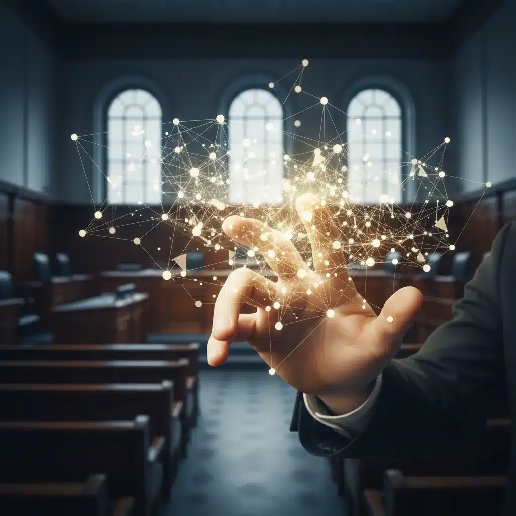 Hand interacting with glowing data web, symbolizing data governance and legal frameworks.