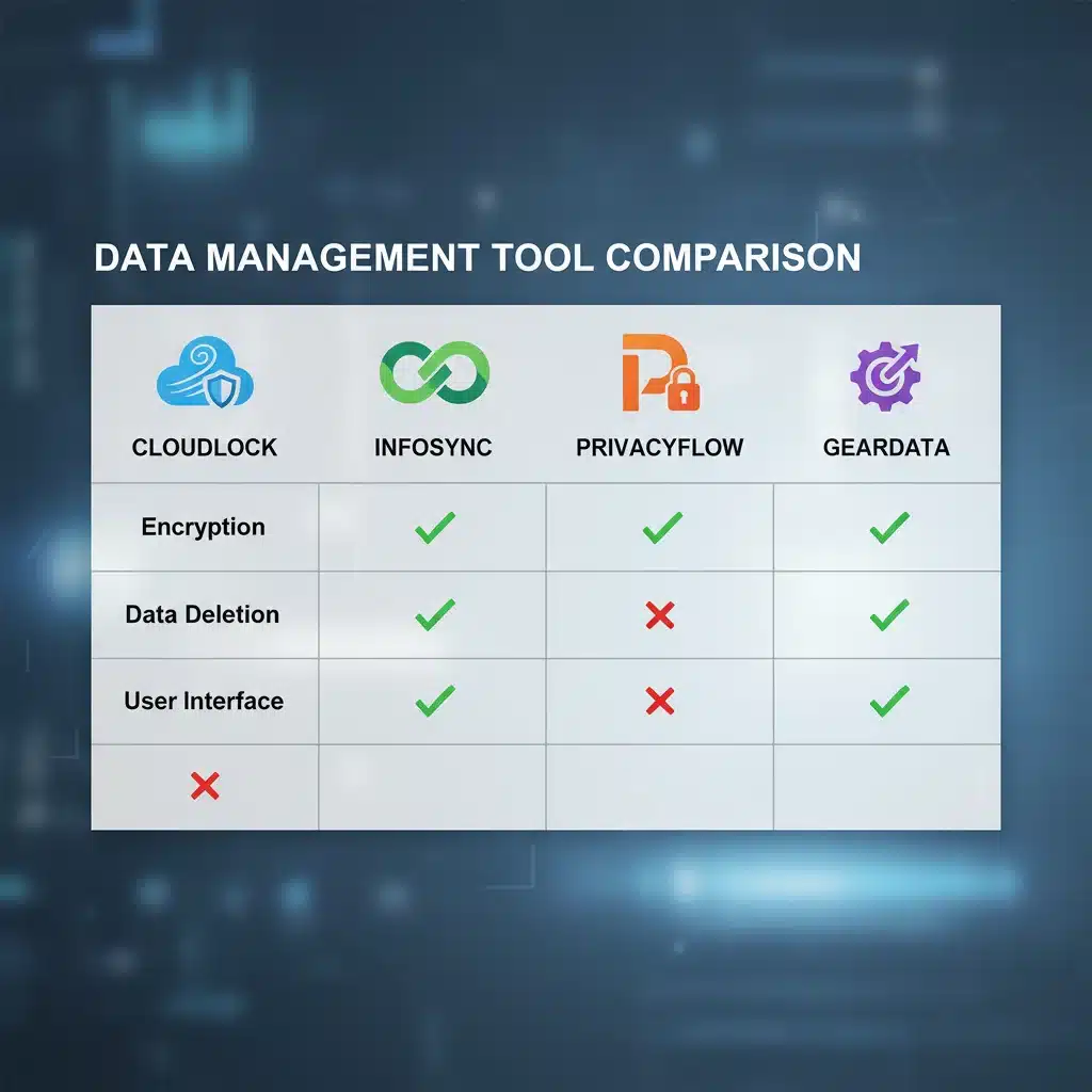 Infographic comparing features of various personal data management tools like encryption and privacy controls.