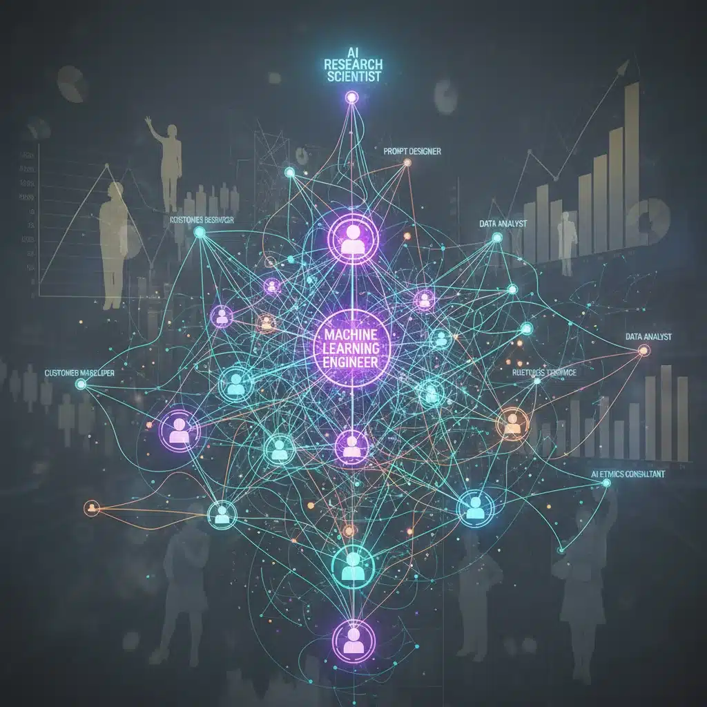 Network of interconnected nodes illustrating the evolving job market with emerging AI roles.