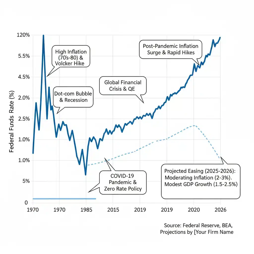 Historical and projected Federal Funds Rate chart with economic indicators
