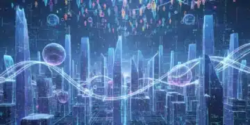 Futuristic digital city with interconnected avatars and glowing data streams, symbolizing the future of online communities.