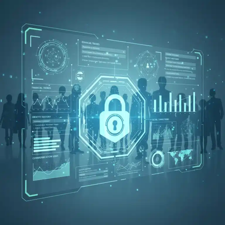 Futuristic digital dashboard for personal data management, showing security and privacy controls.
