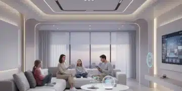 Futuristic smart home interior with integrated devices and a family using them comfortably.