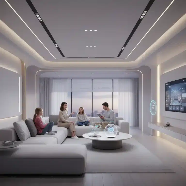 Futuristic smart home interior with integrated devices and a family using them comfortably.