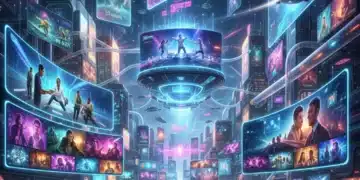 Futuristic digital landscape with people streaming and gaming, symbolizing US entertainment trends 2026.