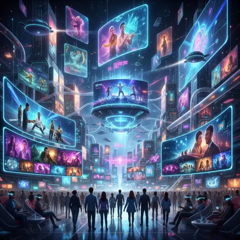 Futuristic digital landscape with people streaming and gaming, symbolizing US entertainment trends 2026.