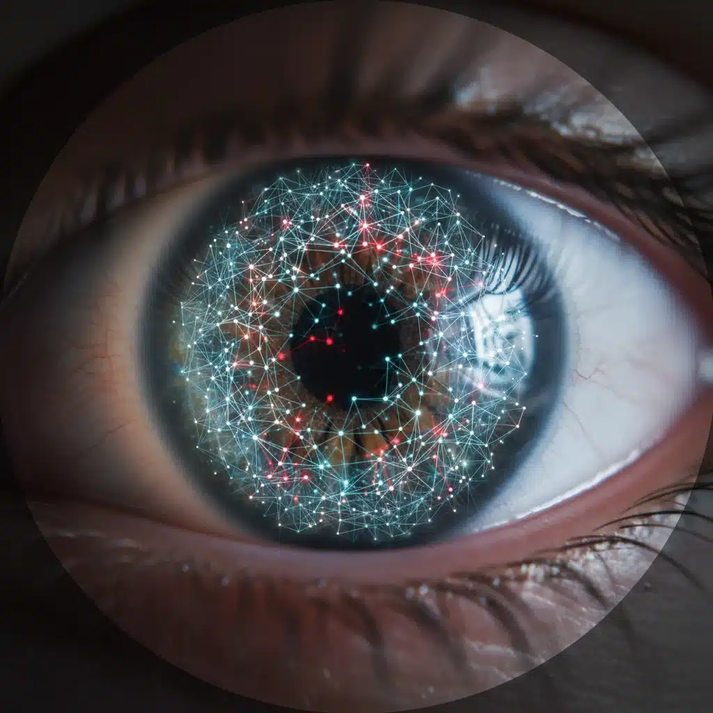 Human eye reflecting a complex neural network, symbolizing AI's impact on human perception.