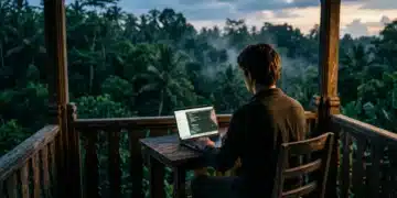 Navigating the Digital Nomad Economy: A Modern Lifestyle Guide Digital nomad working on a laptop on a wooden balcony overlooking a lush jungle at dusk, symbolizing location independence and remote work.