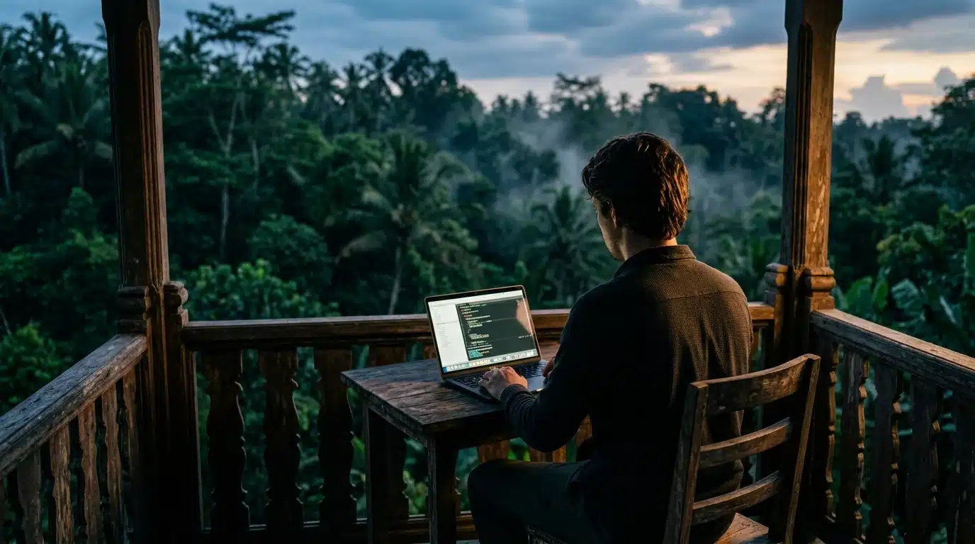 Digital nomad working on a laptop on a wooden balcony overlooking a lush jungle at dusk, symbolizing location independence and remote work.