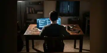 A person viewed from behind, their face illuminated by the cool blue light of a laptop screen in a dimly lit room, symbolizing digital echo chambers.