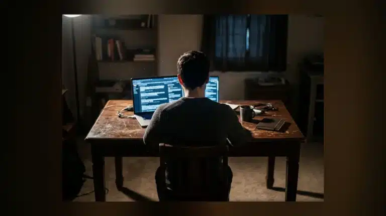 A person viewed from behind, their face illuminated by the cool blue light of a laptop screen in a dimly lit room, symbolizing digital echo chambers.