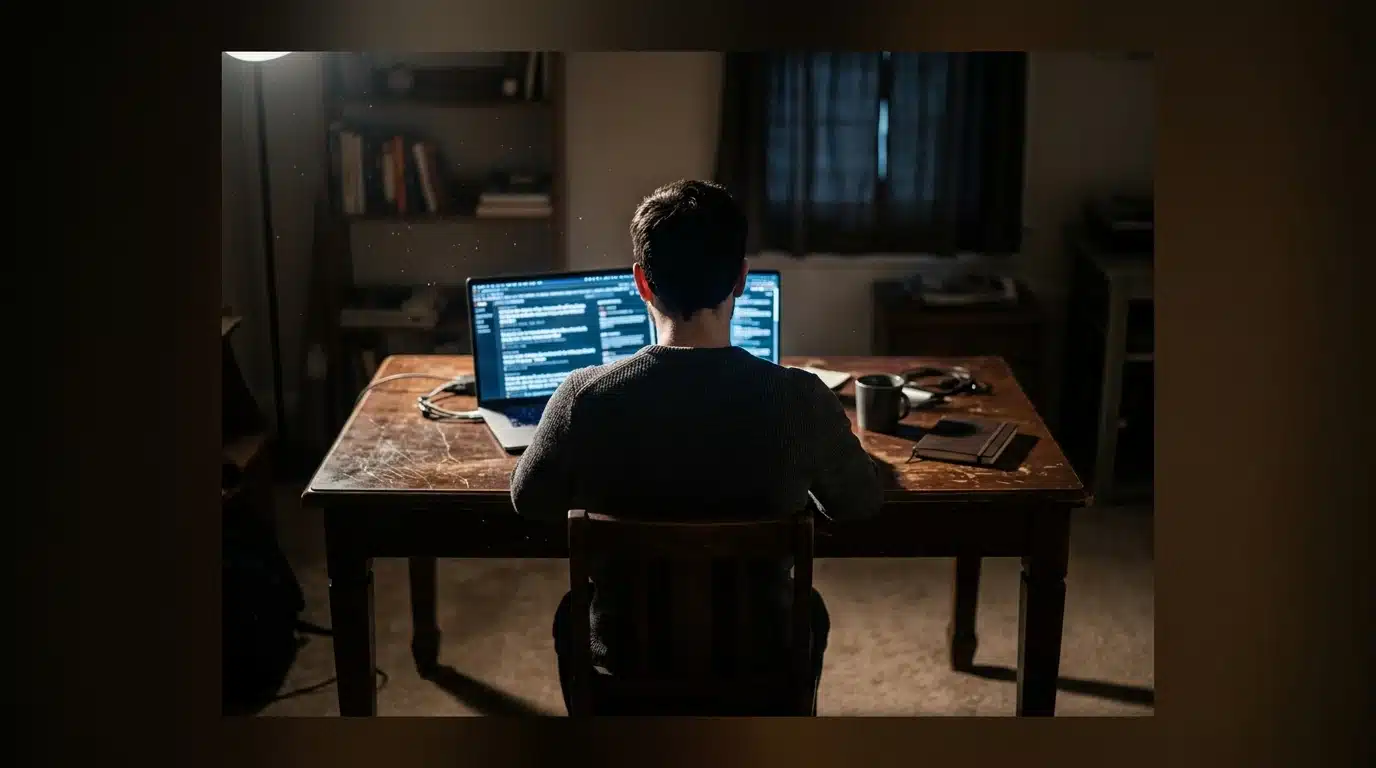A person viewed from behind, their face illuminated by the cool blue light of a laptop screen in a dimly lit room, symbolizing digital echo chambers.