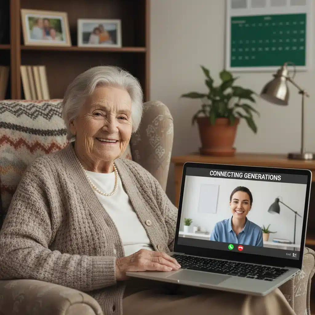 Elderly woman video calling with a volunteer, demonstrating intergenerational connection through technology.