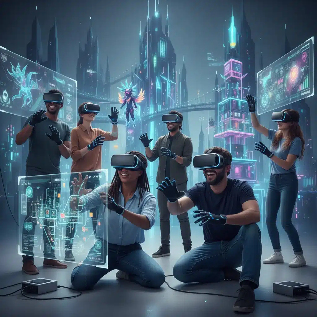 Diverse individuals in VR headsets interacting in a shared metaverse environment, showcasing immersive digital community engagement.