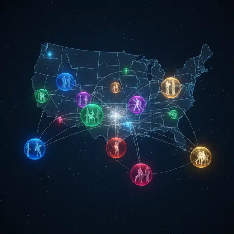 Futuristic digital spheres representing interconnected micro-communities across the United States in 2026.