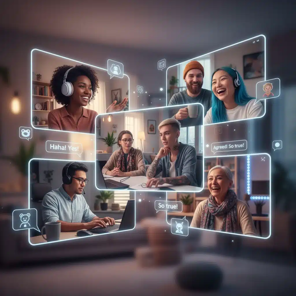 Diverse individuals engaging in a virtual meeting within a niche online community, highlighting personalized digital connections.