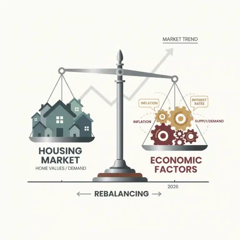 Balancing scale representing real estate market rebalancing with economic factors