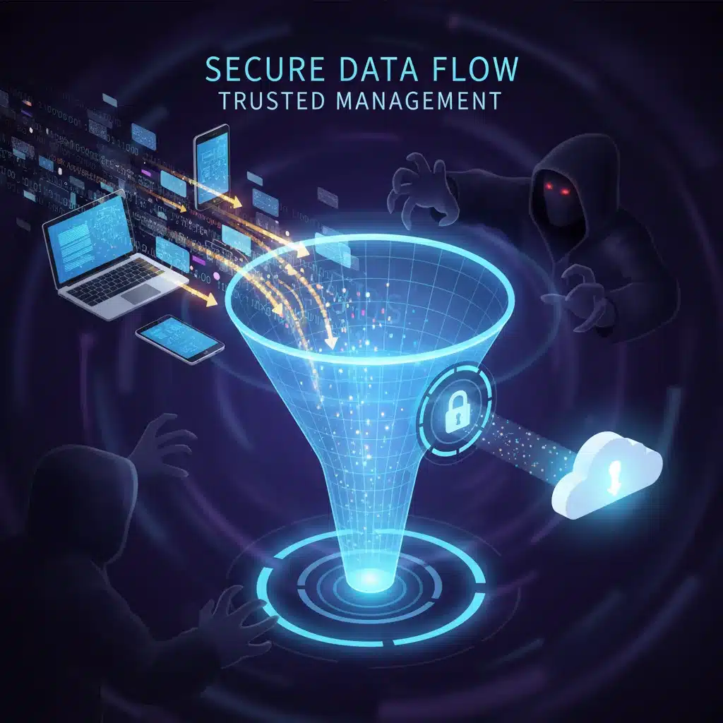 Secure data flow through a digital protection funnel, connecting multiple personal devices.